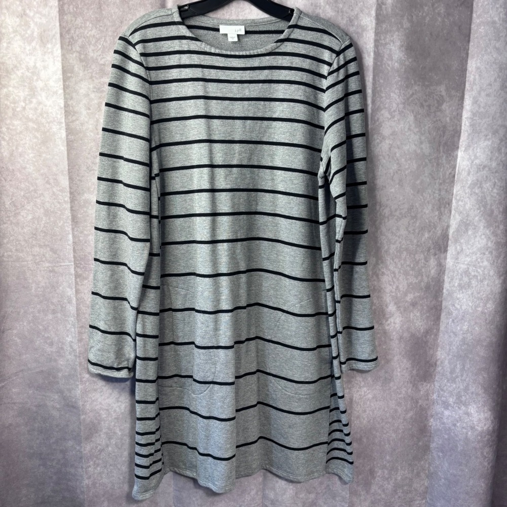 J Jill Gray Medium‎ Black Stripe Crew Neck Casual Sweater Pocket Tunic Dress